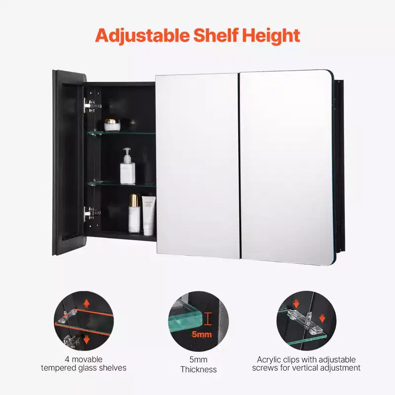 Meuble de salle de bain VEVOR, 64,8 x 101,6 cm, Armoire de toilette avec miroir, Cadre en aluminium, 4 étagères réglables, Noir