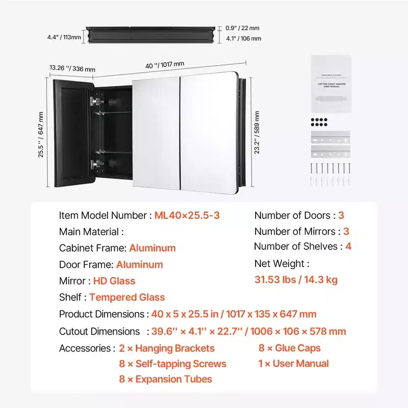 Meuble de salle de bain VEVOR, 64,8 x 101,6 cm, Armoire de toilette avec miroir, Cadre en aluminium, 4 étagères réglables, Noir