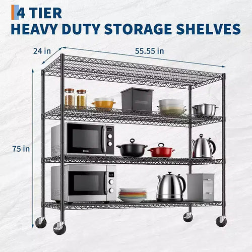 Étagère métallique robuste Acekool à 4 niveaux avec roulettes verrouillables, étagères réglables pour cuisine, garage, cellier, capacité de 1134 kg