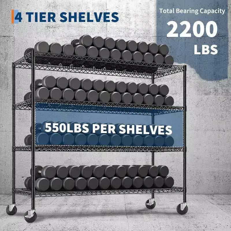 Étagère métallique robuste Acekool à 4 niveaux avec roulettes verrouillables, étagères réglables pour cuisine, garage, cellier, capacité de 1134 kg