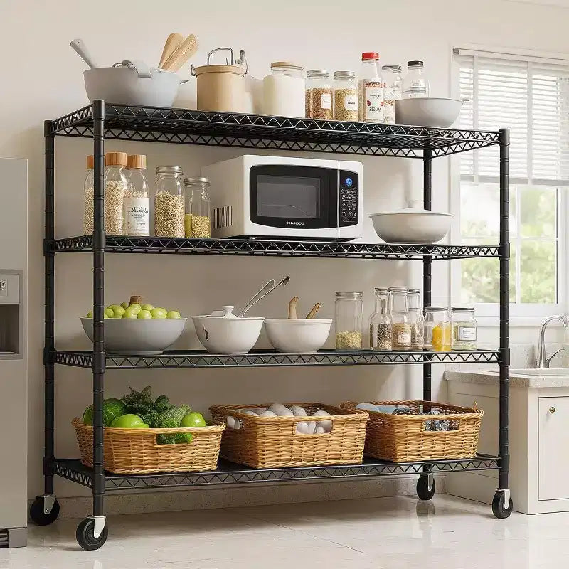 Étagère métallique robuste Acekool à 4 niveaux avec roulettes verrouillables, étagères réglables pour cuisine, garage, cellier, capacité de 1134 kg