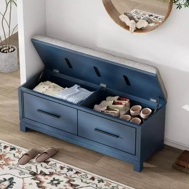 TUYOHW Shoe Bench with Removable Cushion, Entryway Bench with Hidden Storage for Living Room, Entryway and Hallways, Navy