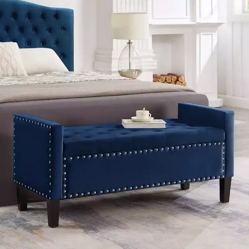 TUYOHW Upholstered Tufted Button Storage Bench with Nails Trim,Entryway Living Room Soft Padded Seat with Armrest, Navy