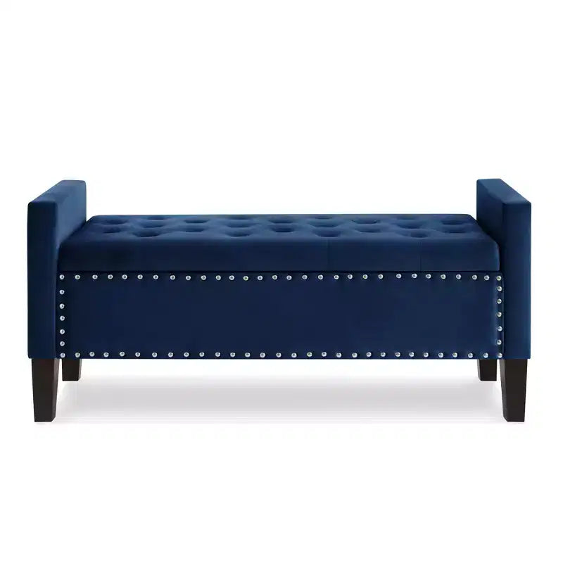 TUYOHW Upholstered Tufted Button Storage Bench with Nails Trim,Entryway Living Room Soft Padded Seat with Armrest, Navy