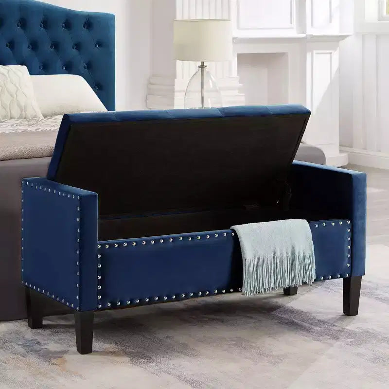 TUYOHW Upholstered Tufted Button Storage Bench with Nails Trim,Entryway Living Room Soft Padded Seat with Armrest, Navy