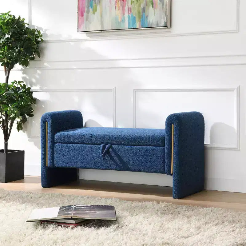 TUYOHW Modern Bed End Bench with Arms and Storage, Upholstered Large Foot Rest Stool, Comfy Window Vanity Bench for Living Room, Navy Blue