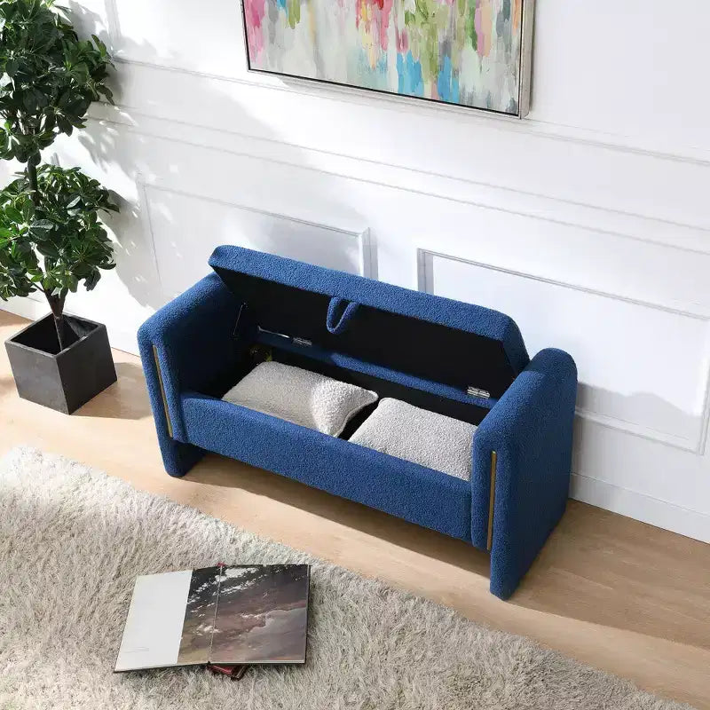 TUYOHW Modern Bed End Bench with Arms and Storage, Upholstered Large Foot Rest Stool, Comfy Window Vanity Bench for Living Room, Navy Blue