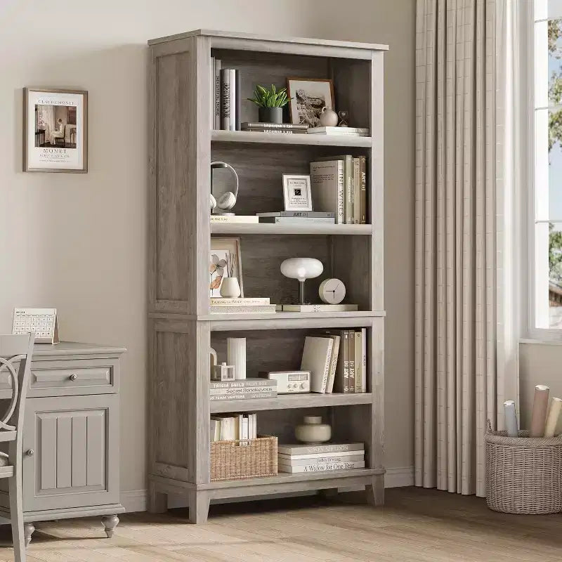 Bibliothèque de ferme 71, 5 étagères réglables, 31,5W x 11,8D, Grain de bois rustique, pour salon, bureau, bibliothèque (Gris, Large)