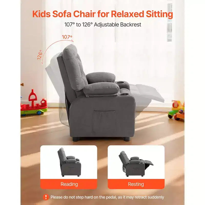 Fauteuil inclinable pour enfants VEVOR, fauteuil inclinable pour tout-petits avec porte-gobelets et poches, dossier réglable de 107 à 126°, tissu polyester respirant, gris