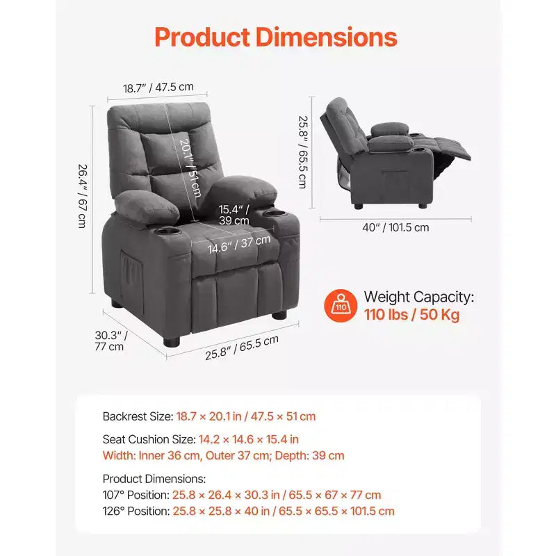 Fauteuil inclinable pour enfants VEVOR, fauteuil inclinable pour tout-petits avec porte-gobelets et poches, dossier réglable de 107 à 126°, tissu polyester respirant, gris
