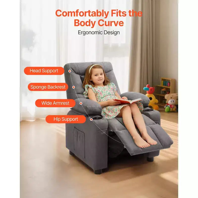 Fauteuil inclinable pour enfants VEVOR, fauteuil inclinable pour tout-petits avec porte-gobelets et poches, dossier réglable de 107 à 126°, tissu polyester respirant, gris