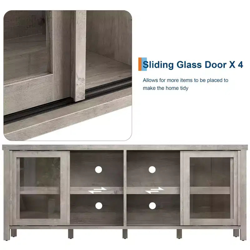 Meuble TV pour 65 pouces, meuble de divertissement élégant avec armoire de rangement et 4 portes coulissantes en verre, console TV moderne pour salon, chambre à coucher