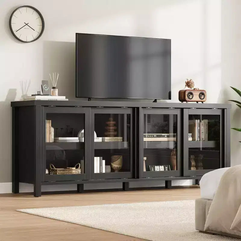 Meuble TV pour 65 pouces, meuble de divertissement élégant avec armoire de rangement et 4 portes coulissantes en verre, console TV moderne pour salon, chambre à coucher