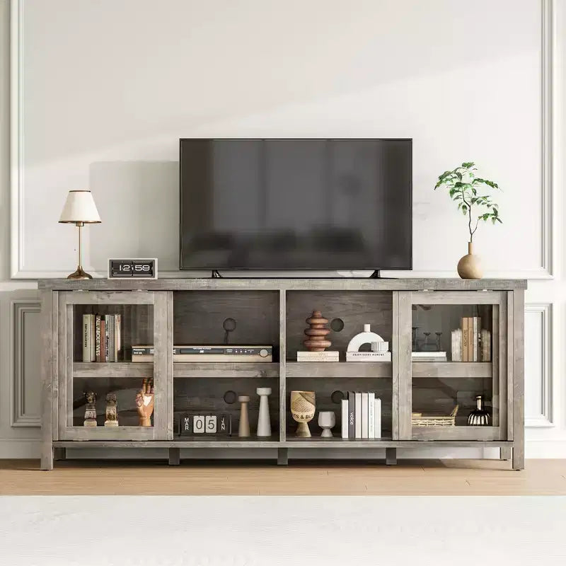 Meuble TV pour 65 pouces, meuble de divertissement élégant avec armoire de rangement et 4 portes coulissantes en verre, console TV moderne pour salon, chambre à coucher