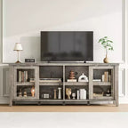 Meuble TV pour 65 pouces, meuble de divertissement élégant avec armoire de rangement et 4 portes coulissantes en verre, console TV moderne pour salon, chambre à coucher