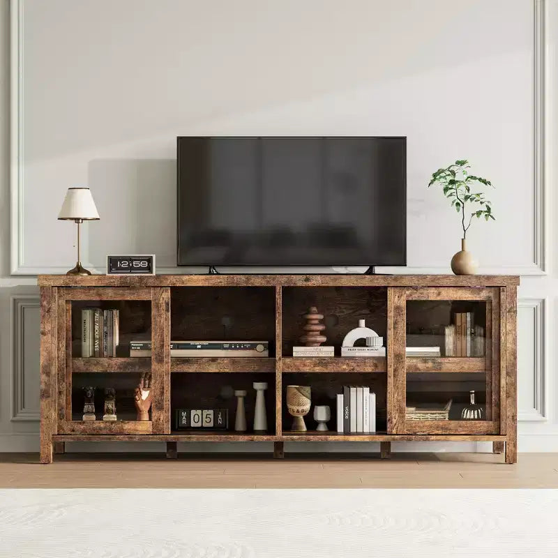 Meuble TV pour 65 pouces, meuble de divertissement élégant avec armoire de rangement et 4 portes coulissantes en verre, console TV moderne pour salon, chambre à coucher