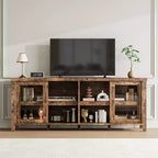 Meuble TV pour 65 pouces, meuble de divertissement élégant avec armoire de rangement et 4 portes coulissantes en verre, console TV moderne pour salon, chambre à coucher