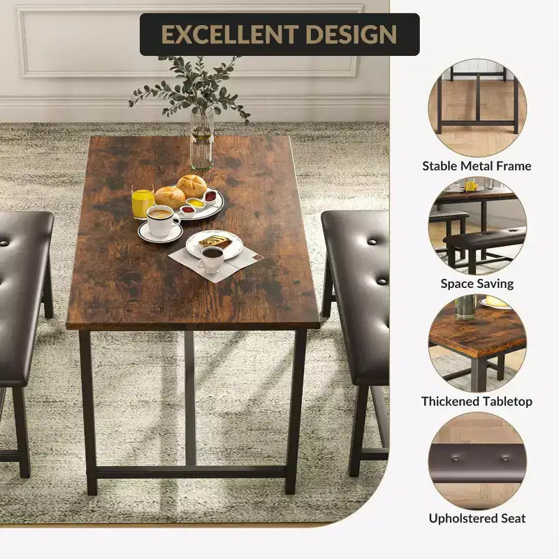 Ensemble de salle à manger 3 pièces pour 4 personnes, table de cuisine de 112 cm avec 2 bancs, ensemble de table de cuisine rectangulaire en bois, table de petit-déjeuner peu encombrante, noir