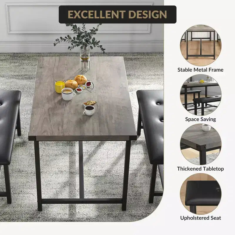 Ensemble de salle à manger 3 pièces pour 4 personnes, table de cuisine de 112 cm avec 2 bancs, ensemble de table de cuisine rectangulaire en bois, table de petit-déjeuner peu encombrante, noir
