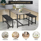 Ensemble de salle à manger 3 pièces pour 4 personnes, table de cuisine de 112 cm avec 2 bancs, ensemble de table de cuisine rectangulaire en bois, table de petit-déjeuner peu encombrante, noir