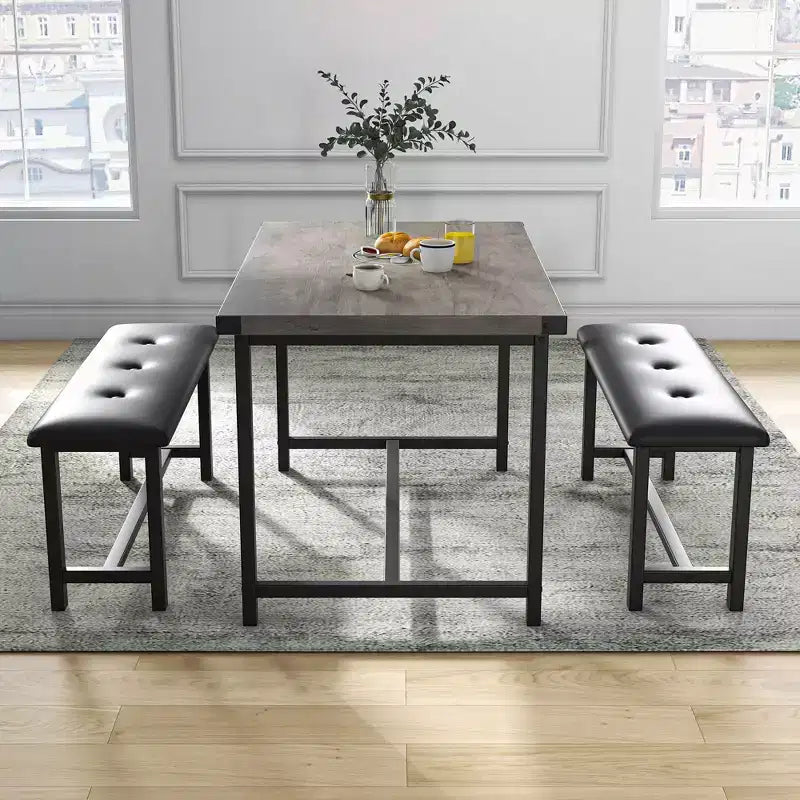 Ensemble de salle à manger 3 pièces pour 4 personnes, table de cuisine de 112 cm avec 2 bancs, ensemble de table de cuisine rectangulaire en bois, table de petit-déjeuner peu encombrante, noir
