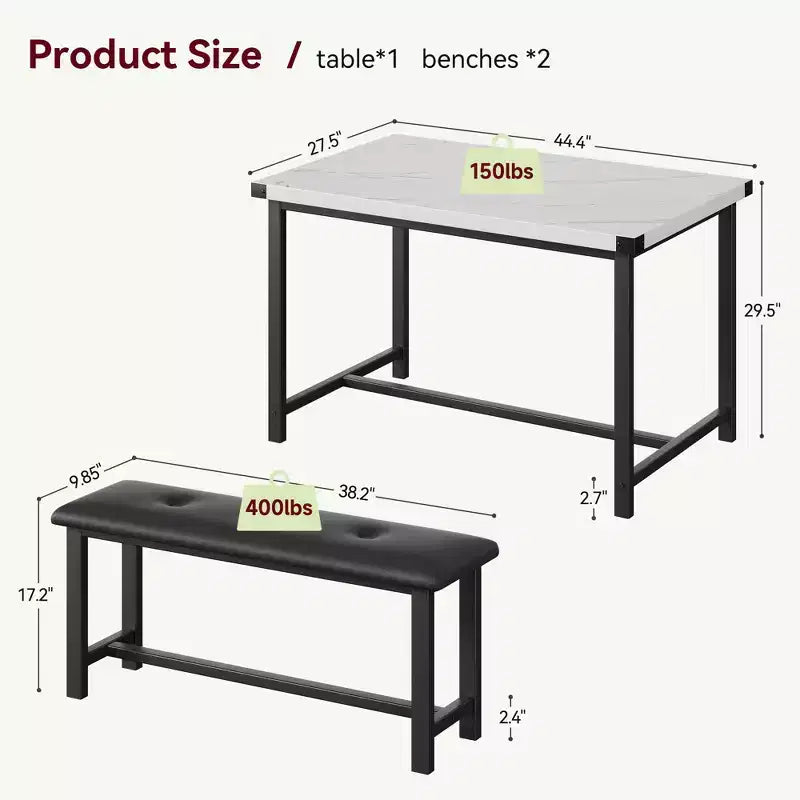Ensemble de salle à manger 3 pièces pour 4 personnes, table de cuisine de 112 cm avec 2 bancs, ensemble de table de cuisine rectangulaire en bois, table de petit-déjeuner peu encombrante, noir