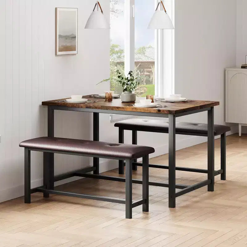 Ensemble de salle à manger 3 pièces pour 4 personnes, table de cuisine de 112 cm avec 2 bancs, ensemble de table de cuisine rectangulaire en bois, table de petit-déjeuner peu encombrante, noir