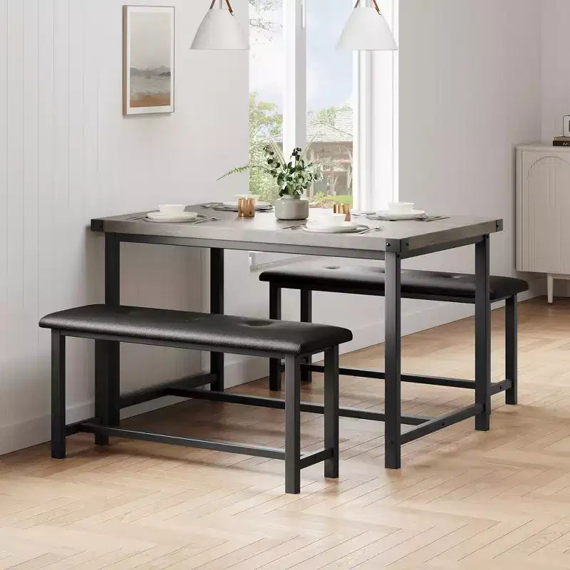 Ensemble de salle à manger 3 pièces pour 4 personnes, table de cuisine de 112 cm avec 2 bancs, ensemble de table de cuisine rectangulaire en bois, table de petit-déjeuner peu encombrante, noir