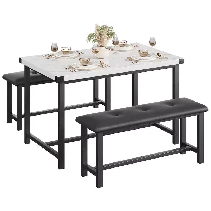 Ensemble de salle à manger 3 pièces pour 4 personnes, table de cuisine de 112 cm avec 2 bancs, ensemble de table de cuisine rectangulaire en bois, table de petit-déjeuner peu encombrante, noir