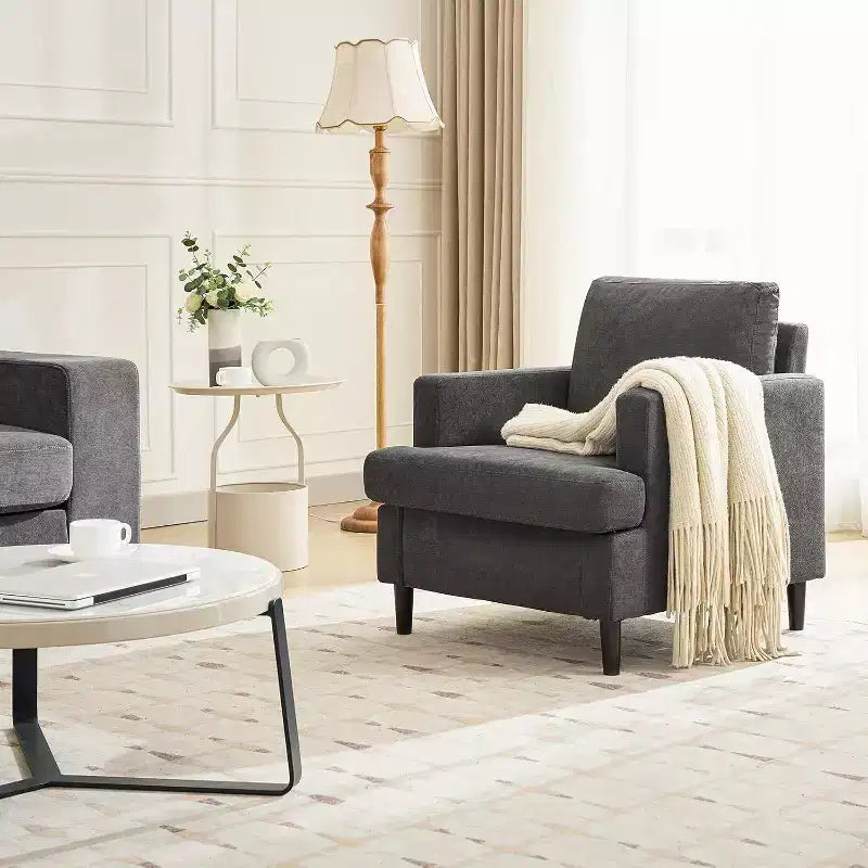 Fauteuil d'appoint moderne surdimensionné Acekool, fauteuil rembourré en lin avec coussin épais, fauteuil confortable de style Mid-Century pour salon et chambre à coucher, gris