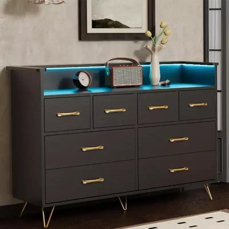 Commode à 8 tiroirs Meuble TV avec station de charge - Meuble de rangement noir pour chambre à coucher et salon