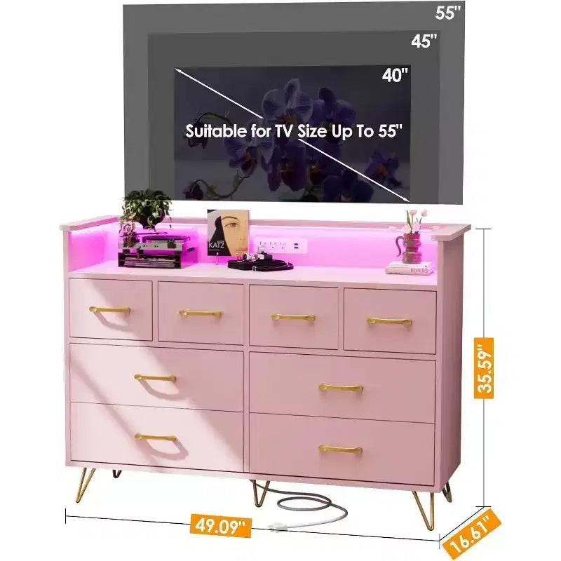 Commode à 8 tiroirs Meuble TV avec station de charge - Meuble de rangement noir pour chambre à coucher et salon