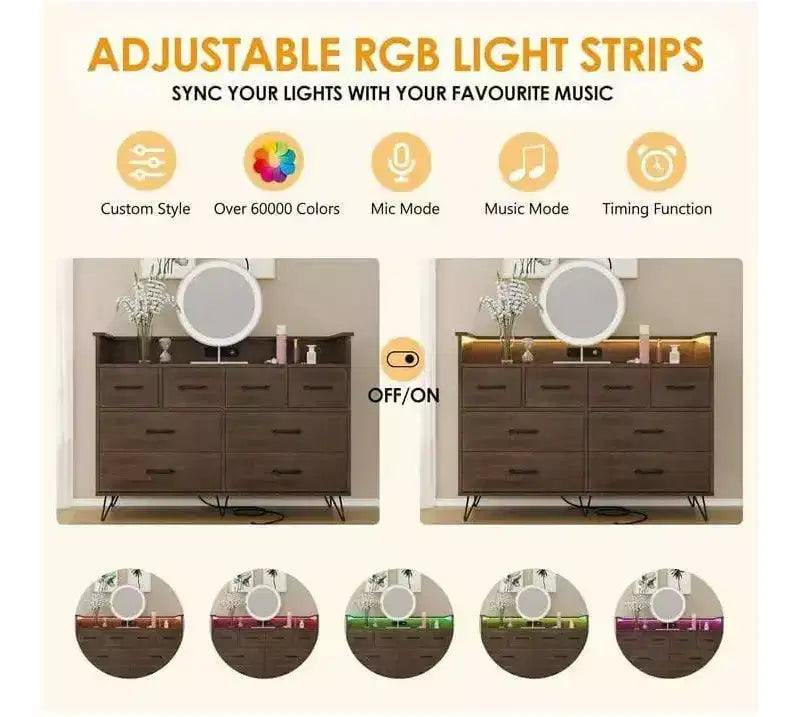 Commode à 8 tiroirs Meuble TV avec station de charge - Meuble de rangement noir pour chambre à coucher et salon