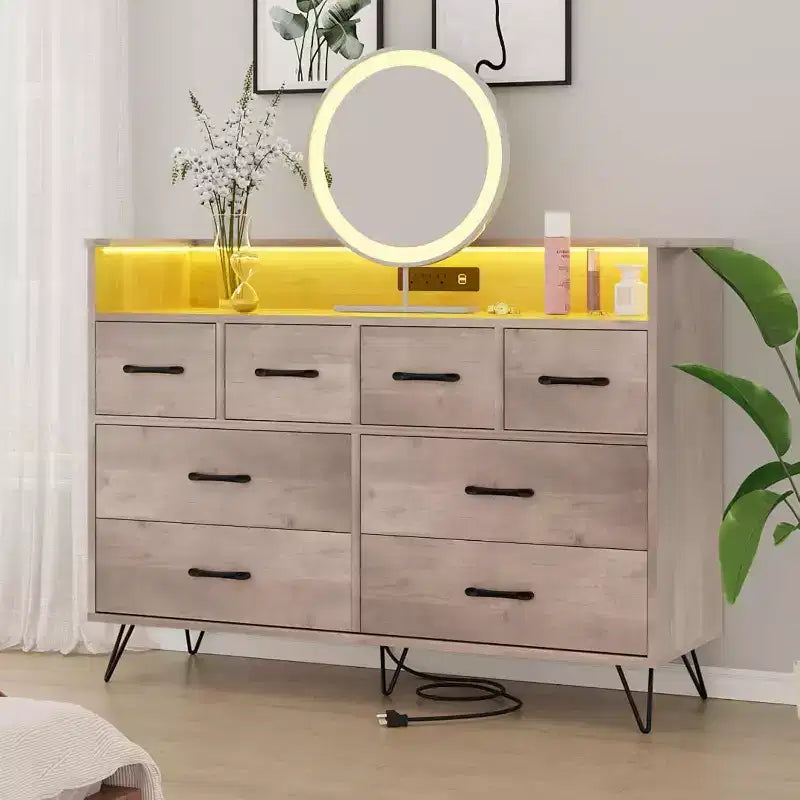 Commode à 8 tiroirs Meuble TV avec station de charge - Meuble de rangement noir pour chambre à coucher et salon