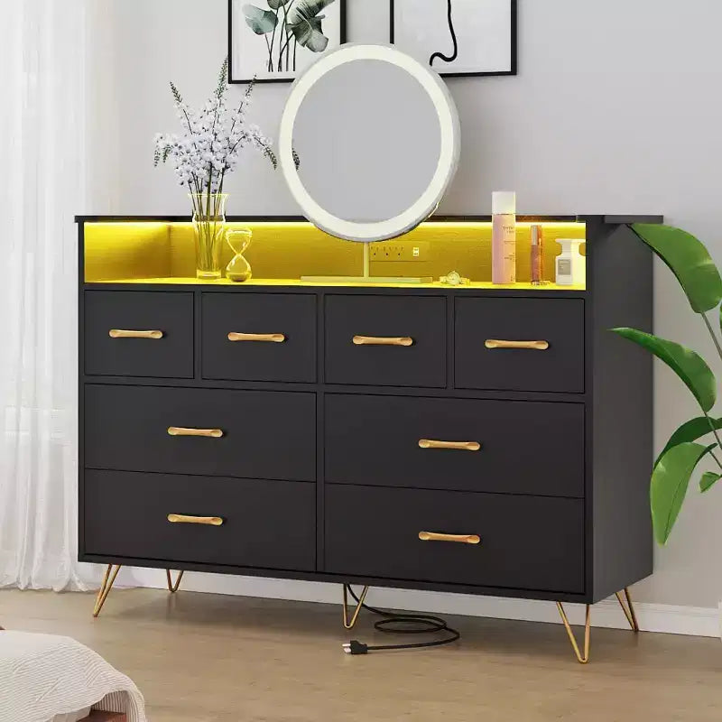 Commode à 8 tiroirs Meuble TV avec station de charge - Meuble de rangement noir pour chambre à coucher et salon