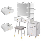 Ensemble de coiffeuse en panneaux de particules de lin blanc plaqué, avec pieds en bois massif, garniture de douille en laiton et panneau de LED à trois tons