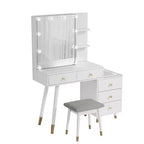 Ensemble de coiffeuse en panneaux de particules de lin blanc plaqué, avec pieds en bois massif, garniture de douille en laiton et panneau de LED à trois tons