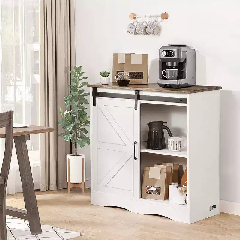 Meuble bar à café VEVOR, armoire de bar à café de style rustique de 80 x 35 x 80 cm avec rangement à 3 niveaux, table de bar à café avec porte de grange, blanc