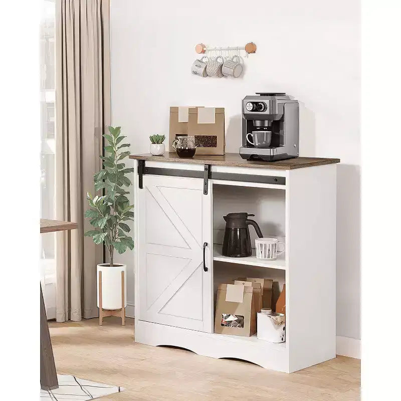 Meuble bar à café VEVOR, armoire de bar à café de style rustique de 80 x 35 x 80 cm avec rangement à 3 niveaux, table de bar à café avec porte de grange, blanc