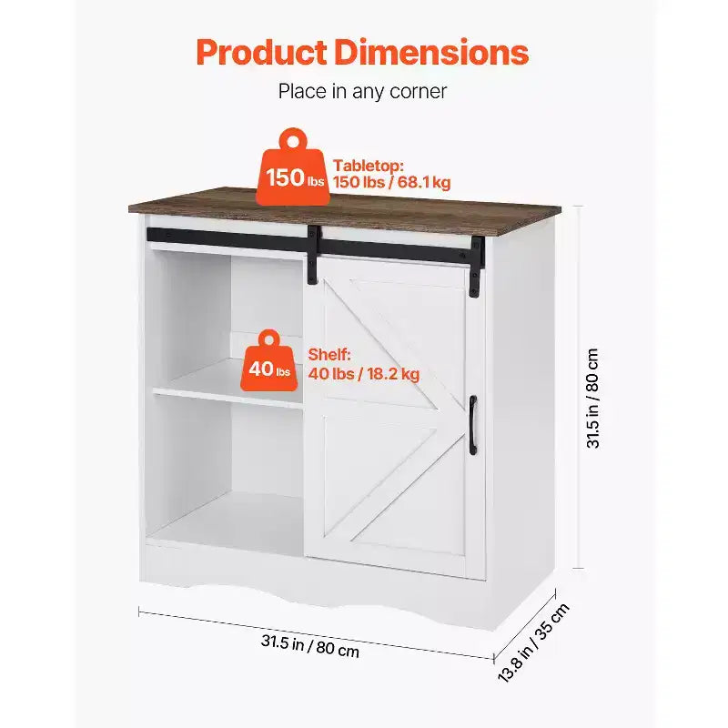 Meuble bar à café VEVOR, armoire de bar à café de style rustique de 80 x 35 x 80 cm avec rangement à 3 niveaux, table de bar à café avec porte de grange, blanc