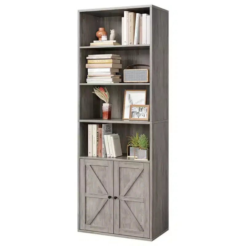 Bibliothèque en bois de ferme à 6 étagères de 181 cm avec portes, meuble de rangement industriel pour chambre à coucher, salon et bureau