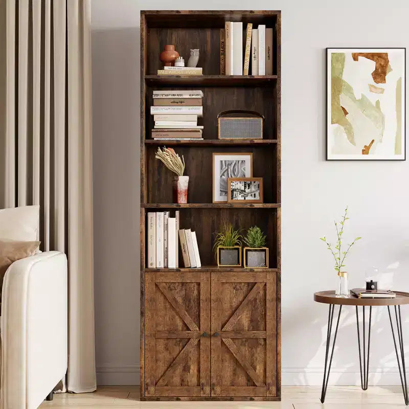 Bibliothèque en bois de ferme à 6 étagères de 181 cm avec portes, meuble de rangement industriel pour chambre à coucher, salon et bureau