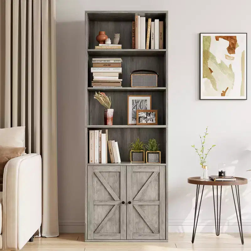 Bibliothèque en bois de ferme à 6 étagères de 181 cm avec portes, meuble de rangement industriel pour chambre à coucher, salon et bureau