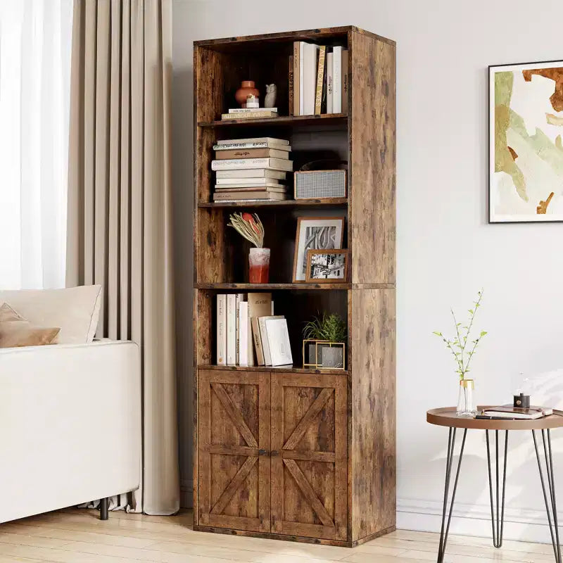 Bibliothèque en bois de ferme à 6 étagères de 181 cm avec portes, meuble de rangement industriel pour chambre à coucher, salon et bureau