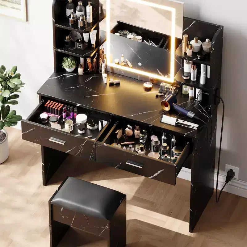 Coiffeuse avec Lumières Miroir LED à Trois Modes et Station de Chargement Coiffeuse de Maquillage avec 6 Étagères, 2 Tiroirs et Tabouret Rembourré Doux