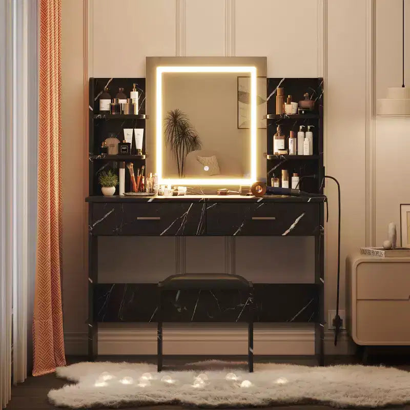 Coiffeuse avec Lumières Miroir LED à Trois Modes et Station de Chargement Coiffeuse de Maquillage avec 6 Étagères, 2 Tiroirs et Tabouret Rembourré Doux