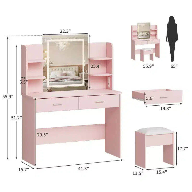 Coiffeuse avec Lumières Miroir LED à Trois Modes et Station de Chargement Coiffeuse de Maquillage avec 6 Étagères, 2 Tiroirs et Tabouret Rembourré Doux