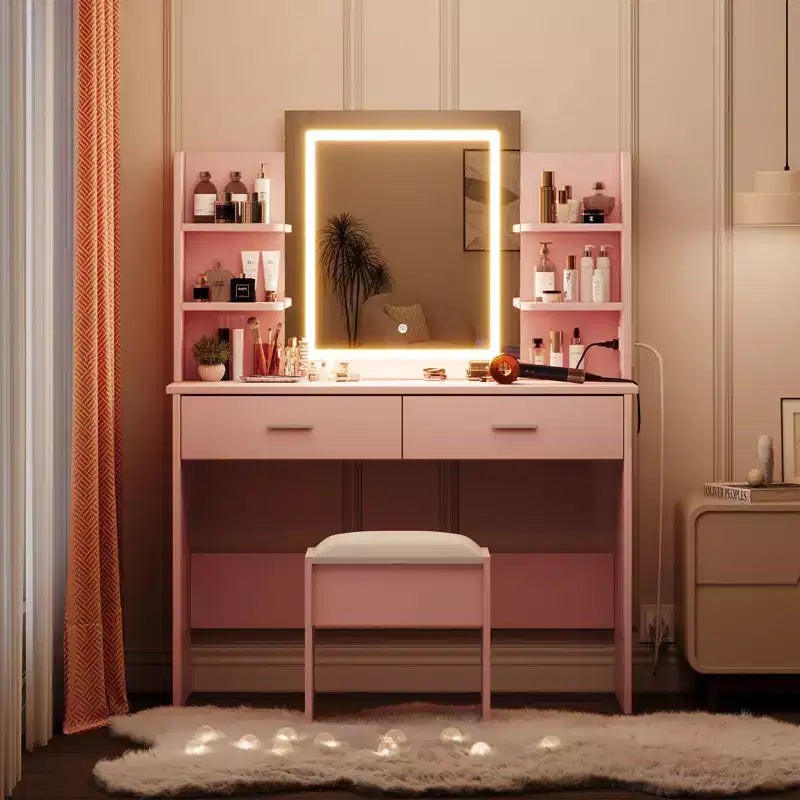 Coiffeuse avec Lumières Miroir LED à Trois Modes et Station de Chargement Coiffeuse de Maquillage avec 6 Étagères, 2 Tiroirs et Tabouret Rembourré Doux