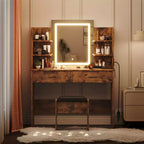 Coiffeuse avec Lumières Miroir LED à Trois Modes et Station de Chargement Coiffeuse de Maquillage avec 6 Étagères, 2 Tiroirs et Tabouret Rembourré Doux