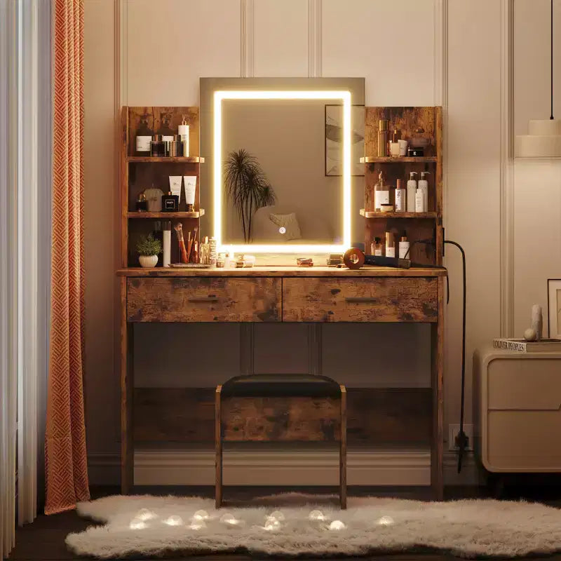 Coiffeuse avec Lumières Miroir LED à Trois Modes et Station de Chargement Coiffeuse de Maquillage avec 6 Étagères, 2 Tiroirs et Tabouret Rembourré Doux